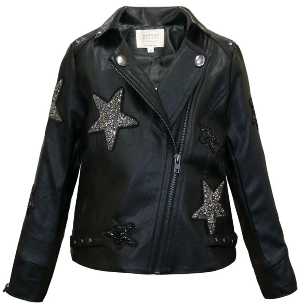 NWOT Girls Hannah Banana Star Patch Faux Leather Jacket size 14